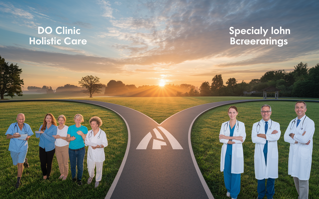 An inspiring image showing a path diverging into two: one side leading to a welcoming DO clinic with happy patients receiving holistic care, and the other leading to a busy hospital with specialty doctors in action. The backdrop showcases a beautiful sunrise, symbolizing hope and new beginnings in both professions.