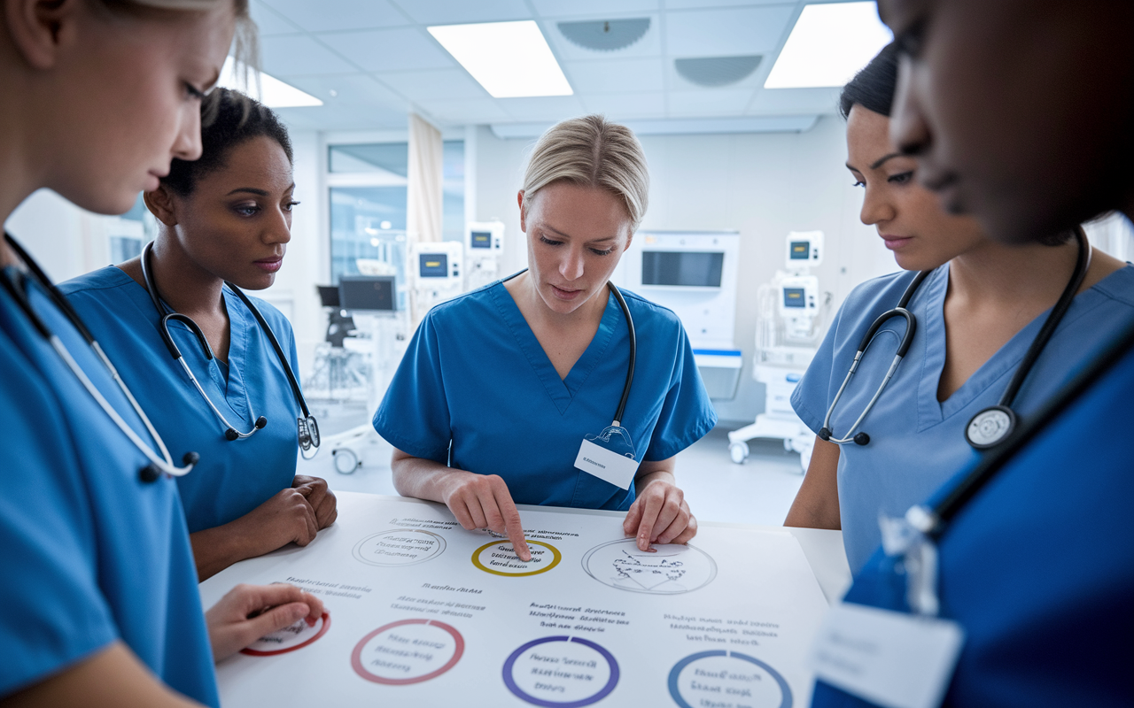 A focused nurse discussing with colleagues about a new patient intake process in a healthcare setting, with charts and diagrams on a whiteboard. The nurse is pointing at a flowchart, while peers listen attentively, surrounded by hospital equipment. The room is bright and modern, highlighting the importance of collaboration in enhancing patient care.