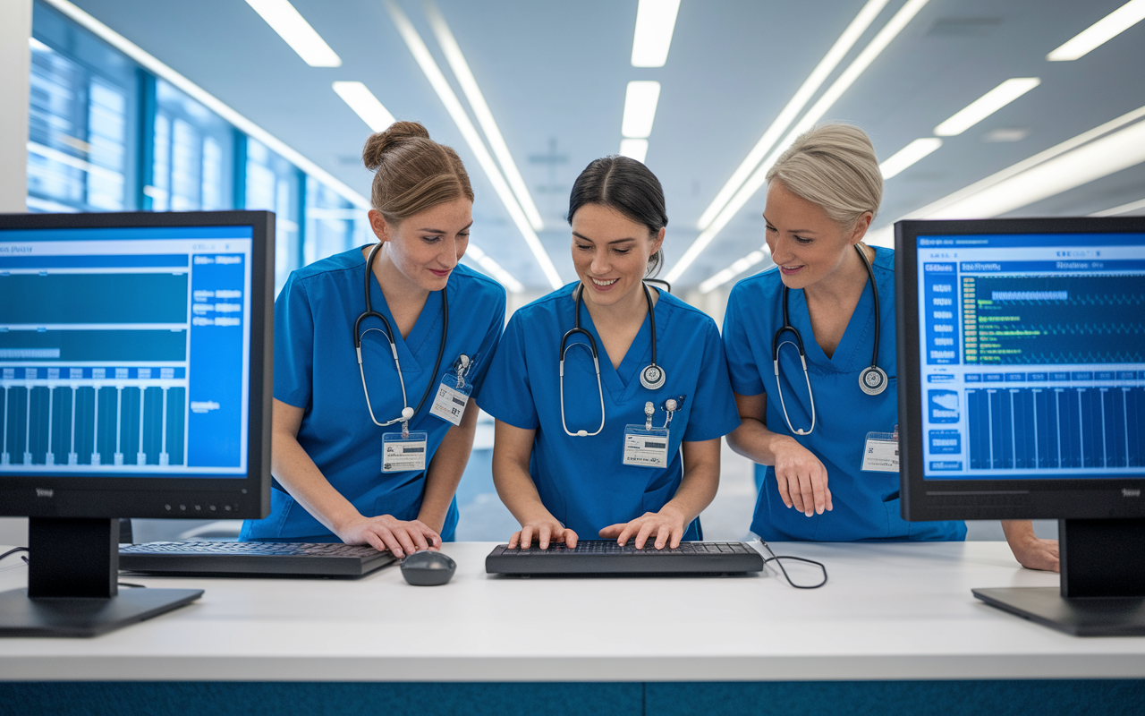 A group of engaged nurses working together on a shared electronic health record system in a hospital's collaborative workspace. Screens show the interface of the EHR, as they discuss and input data. The environment is bright and organized, symbolizing teamwork and modern innovation in healthcare.