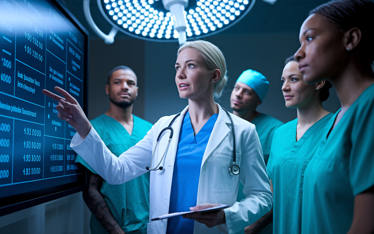 A determined female doctor leading a team meeting, discussing infection control practices in a surgical unit. She points to a presentation slide filled with graphs and statistics. The environment is professional and dynamic, with a diverse team of medical staff showing engagement and interest. The lighting is focused on Dr. Jane, emphasizing her leadership role.