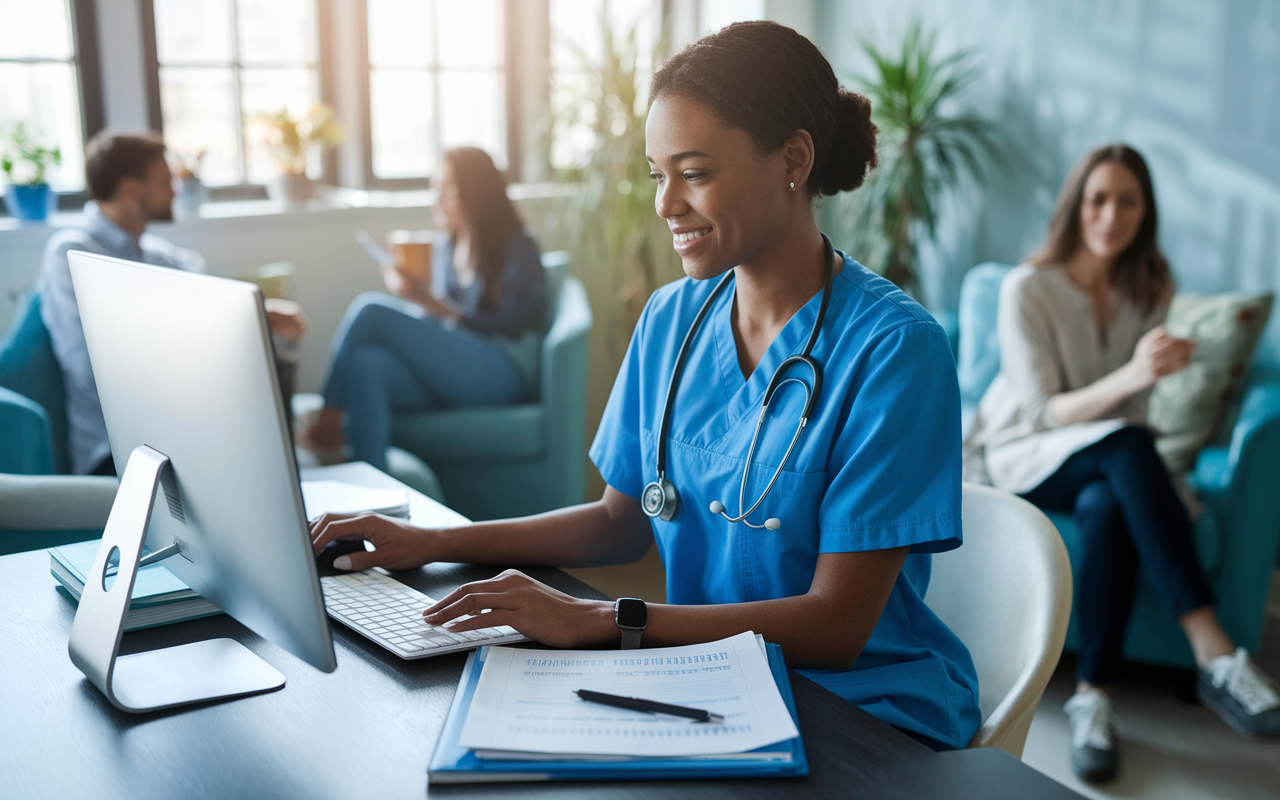 A proactive medical assistant in a community health clinic creating a follow-up call system on a computer. The atmosphere is warm and welcoming, with patients in the background. The assistant appears focused and innovative, developing a patient satisfaction survey that encourages greater engagement. Soft lighting adds to the positive environment.