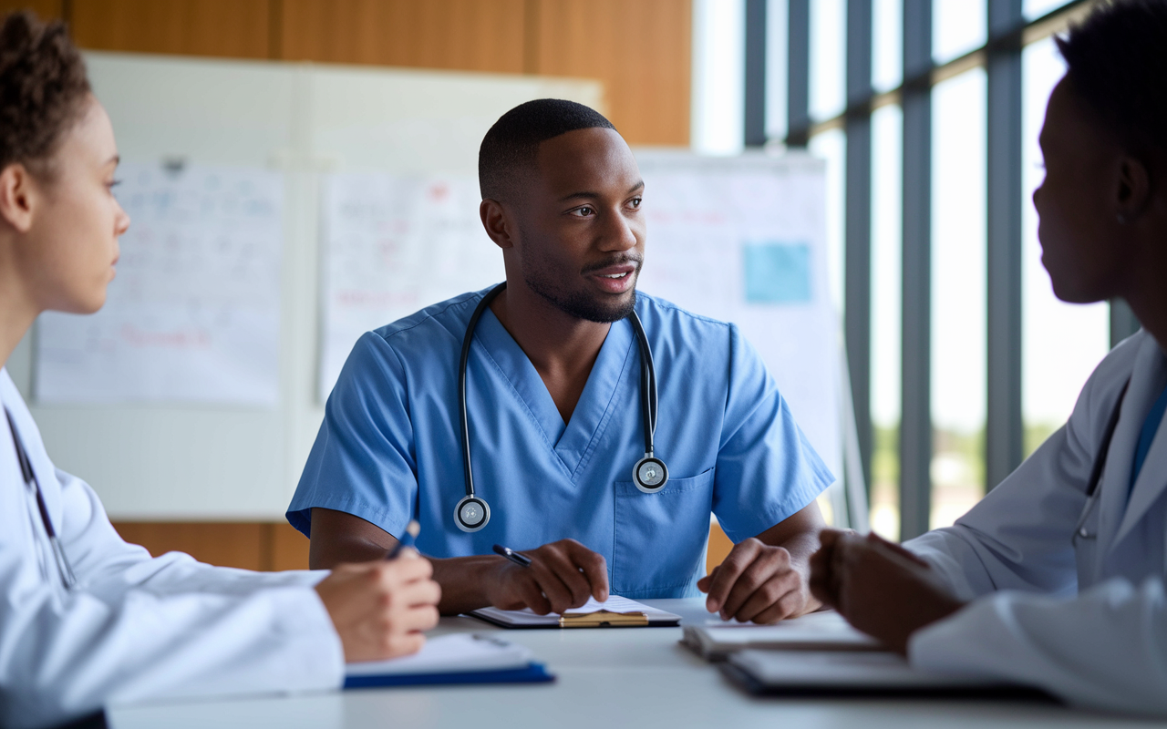 A close-up of a chief resident, a Black male doctor in scrubs, leading a meeting with junior residents in a conference room. The scene captures his authoritative yet supportive demeanor as he discusses a patient case. Whiteboards filled with notes and charts in the background illustrate active learning. The room is bathed in natural light from large windows, creating an inviting atmosphere that facilitates openness.