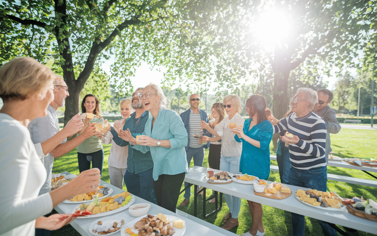 A vibrant outdoor scene of a team-building event featuring a diverse group of residents participating in fun and engaging activities on a sunny day in a park. The atmosphere is cheerful, with laughter and camaraderie. Residents are involved in various team exercises while enjoying refreshments laid out on picnic tables. The sunlight creates a bright and uplifting ambiance that emphasizes harmony and teamwork.