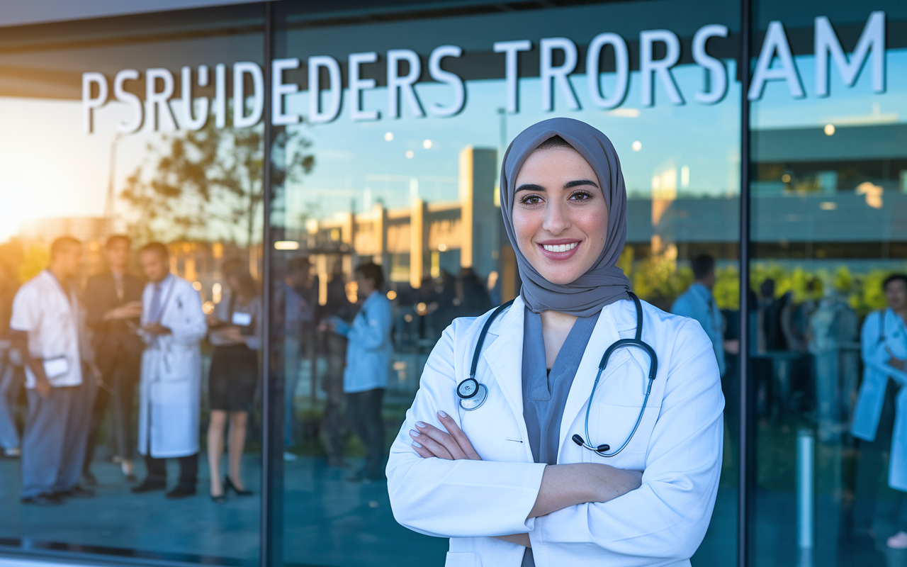 A proud chief resident, a Middle-Eastern woman in professional attire, standing in front of her residency program, with her arms crossed and a confident smile. The backdrop showcases the hospital where she works, with colleagues mingling and patients being cared for in a lively, dynamic environment. The image conveys a sense of accomplishment, respect, and leadership with a warm and inviting atmosphere portrayed by the sun setting in the background, illuminating her figure.