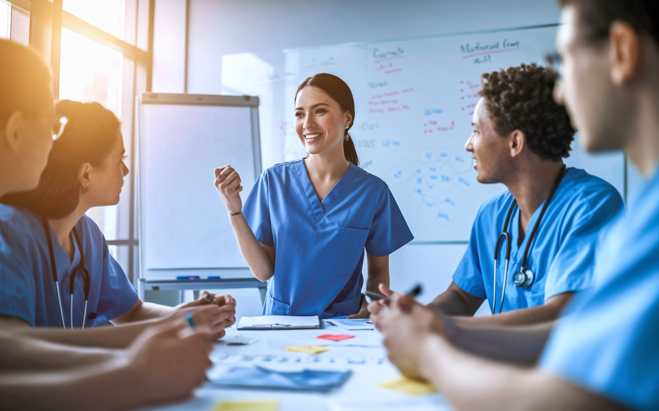 A scene inside a brightly lit conference room where a chief resident, a confident young woman in scrubs, passionately discusses with a group of med students. The room is equipped with a whiteboard full of brainstorming notes. The atmosphere is dynamic, showcasing mentorship and collaboration. Attention is focused on her, with eager expressions from the students. Sunlight filters through the windows, illuminating the room and emphasizing a sense of motivation and teamwork.