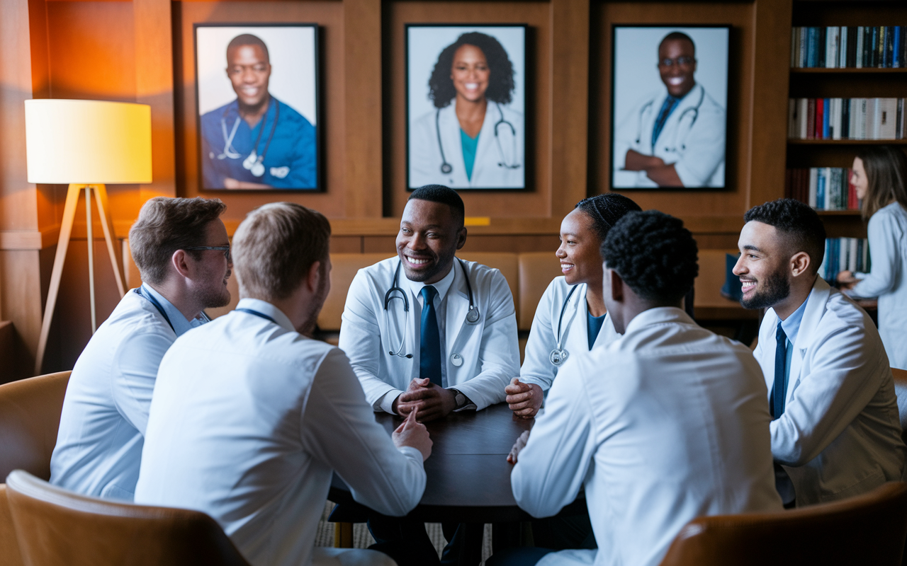 A diverse group of medical residents gathered around a table, engaged in an animated discussion about leadership. The setting is a cozy lounge area in a hospital, decorated with medical books and inspiring posters of healthcare leaders. Warm light from a standing lamp creates a welcoming atmosphere. The facial expressions show enthusiasm and determination as they share ideas, emphasizing collaboration and support.