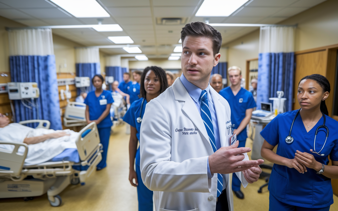 A chief resident, a focused young man in a white coat, leading a group of junior residents on hospital rounds. The hospital ward is brightly lit and filled with patients, nurses, and medical equipment. He is pointing out key aspects of patient care, demonstrating effective teaching in a real-world setting. The atmosphere is both professional and warm, reflecting the dedication to patient care and educational exchange.