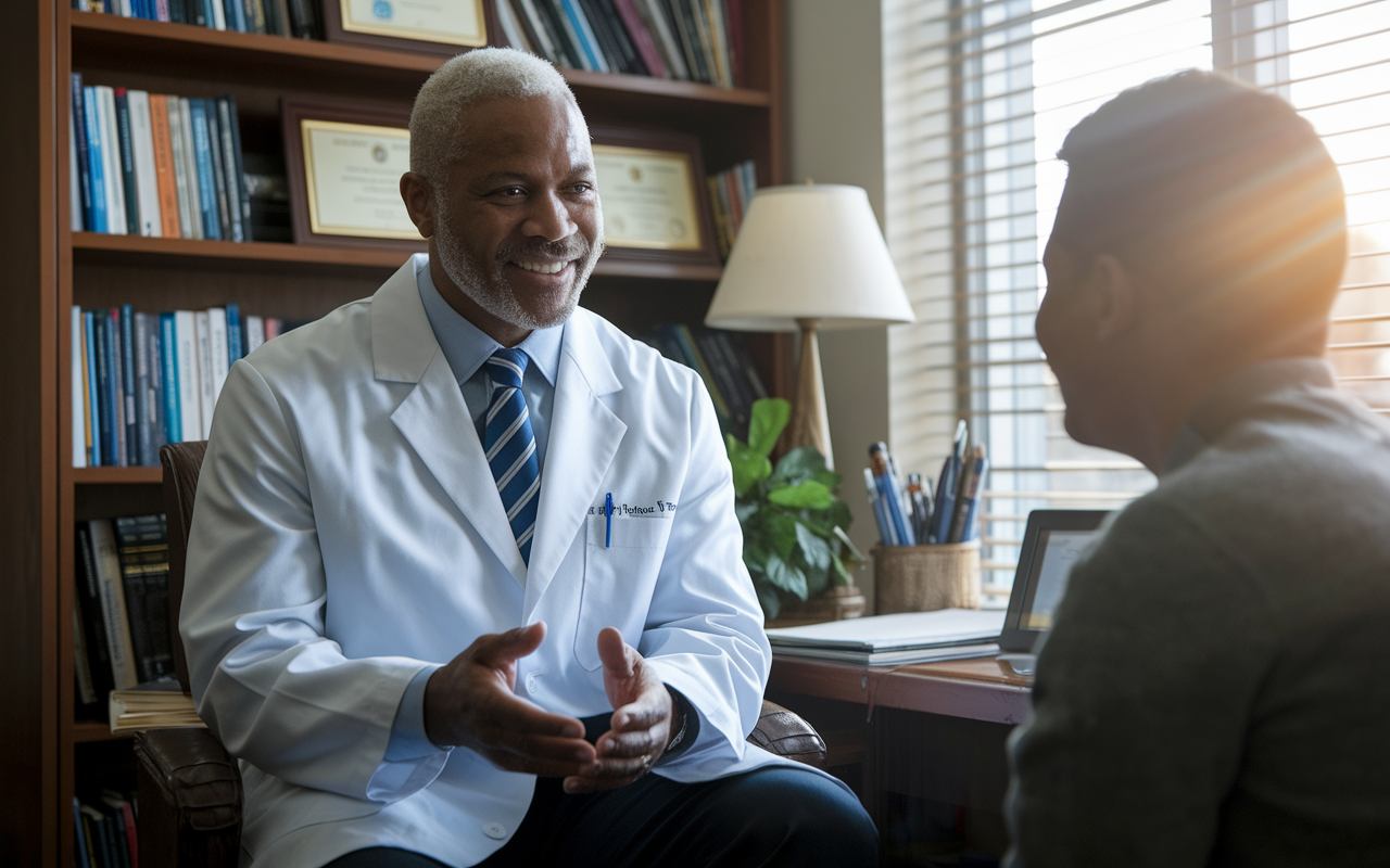 A supportive faculty member, an older physician in a crisp white coat, sitting in his office surrounded by medical books and certificates, having a one-on-one conversation with a young resident. The atmosphere is warm and encouraging, with sunlight streaming through the window, creating a feeling of safety and support. The resident is attentively listening, demonstrating the importance of mentorship in career development.