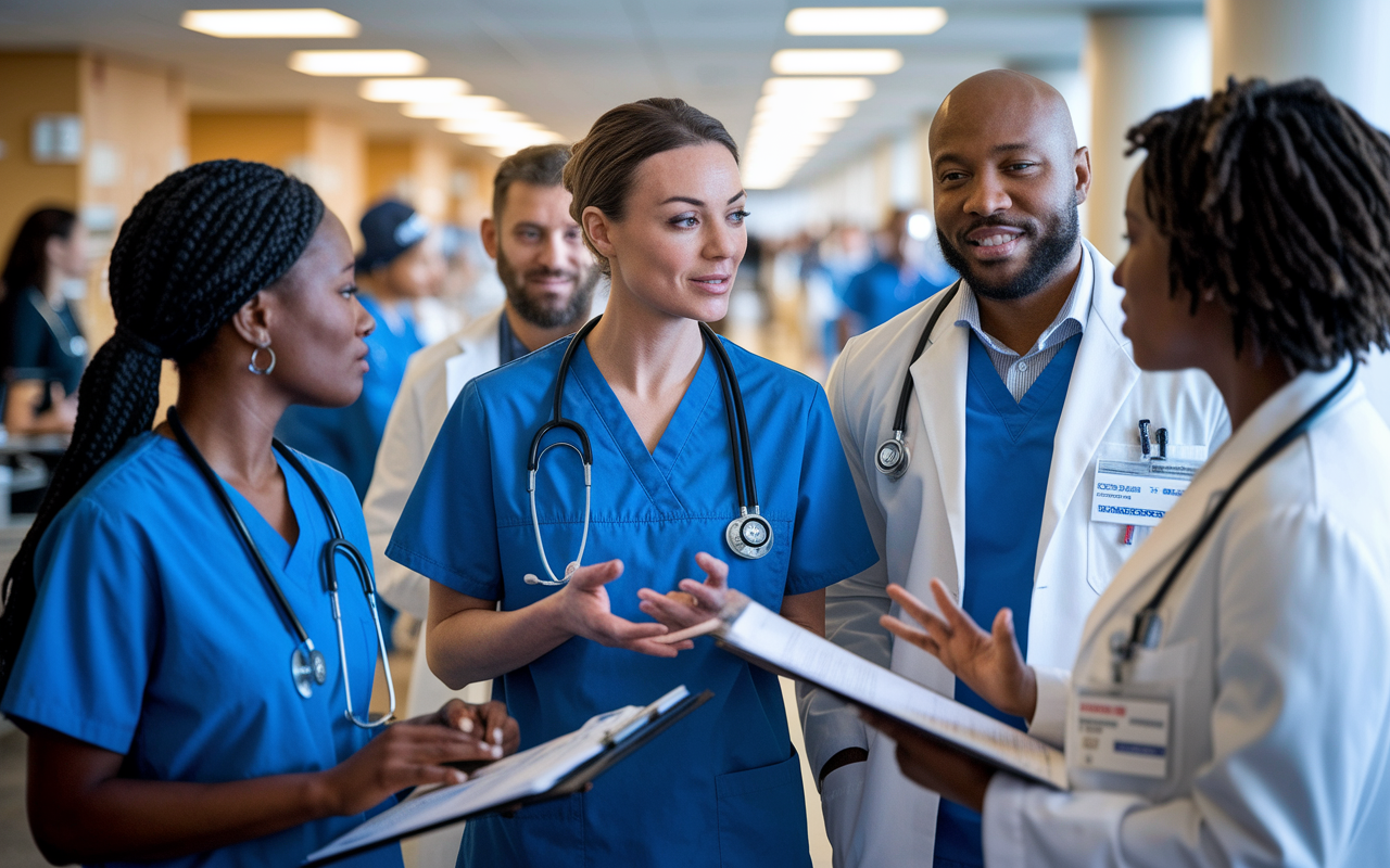 A diverse healthcare team in action at a busy hospital setting. The image captures a nurse discussing a patient's care with a physician and a medical administrator, surrounded by medical equipment and charts. The warm lighting reflects a sense of urgency and teamwork, while the expressions of the team members convey determination and compassion, emphasizing their commitment to patient care and effective communication.