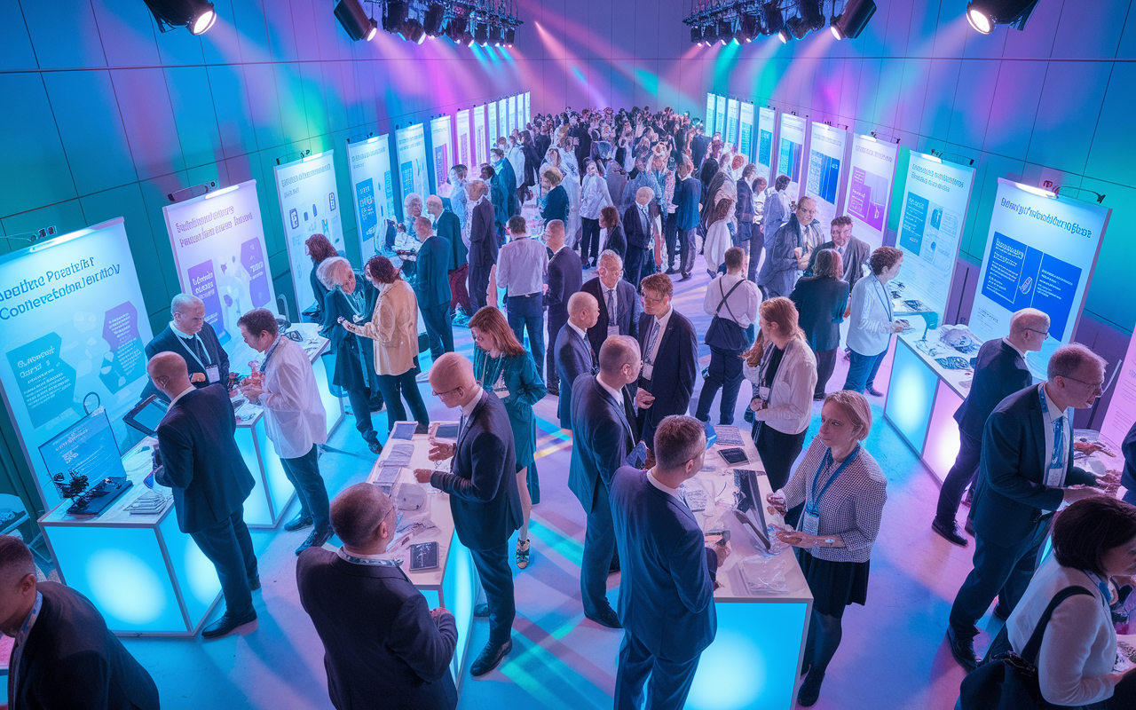 A vibrant scene of a medical leadership conference filled with healthcare professionals networking and sharing ideas. Attendees of various ethnic backgrounds engage in dynamic conversations, standing beside booths with health tech displays and informational posters. The bright and inviting atmosphere is illuminated by colorful lights and the buzz of excited discussions, symbolizing collaboration and innovation in medicine.