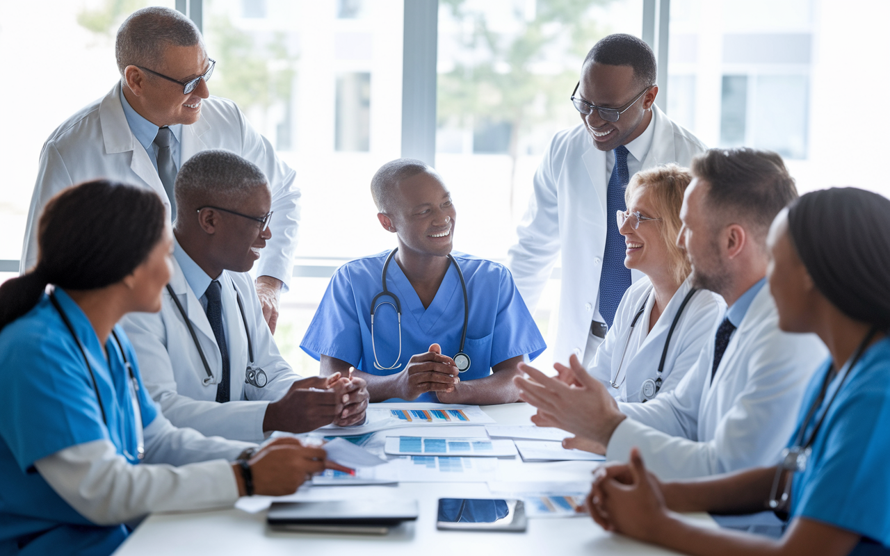 An engaging team meeting with healthcare professionals from various backgrounds discussing a new patient care initiative. The room is bright and filled with natural light, showcasing people in modern attire seated around a table covered with charts and electronic devices. The expressions of the group reflect enthusiasm and mutual respect, symbolizing the importance of diversity and inclusion in medical leadership.