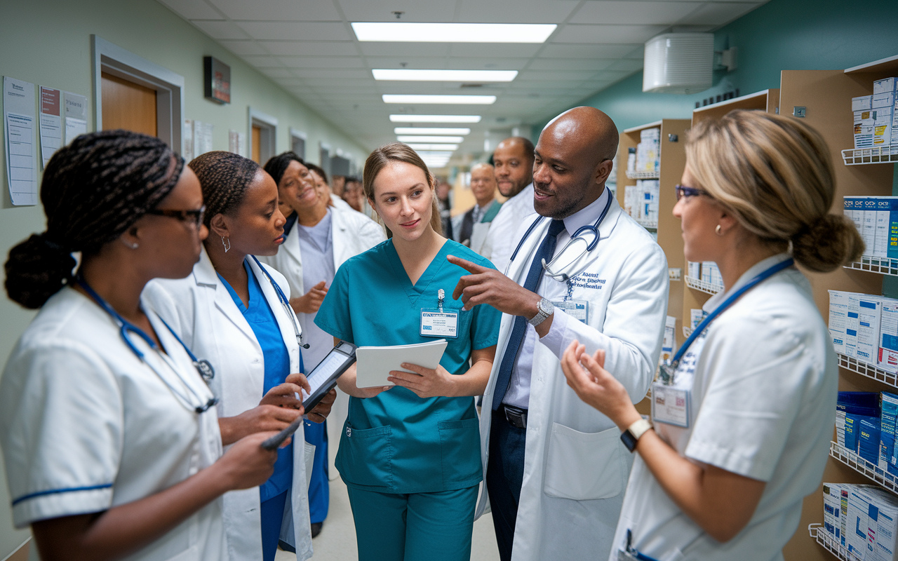 A diverse group of medical residents in a hospital on rounds, with one resident passionately discussing a patient's case with nurses and pharmacists. The hospital corridor is bustling with activity, with images of patient charts and medical equipment around. The setting conveys urgency and teamwork, highlighting a collaborative spirit as they jointly assess patient care strategies while showing enthusiasm and camaraderie.