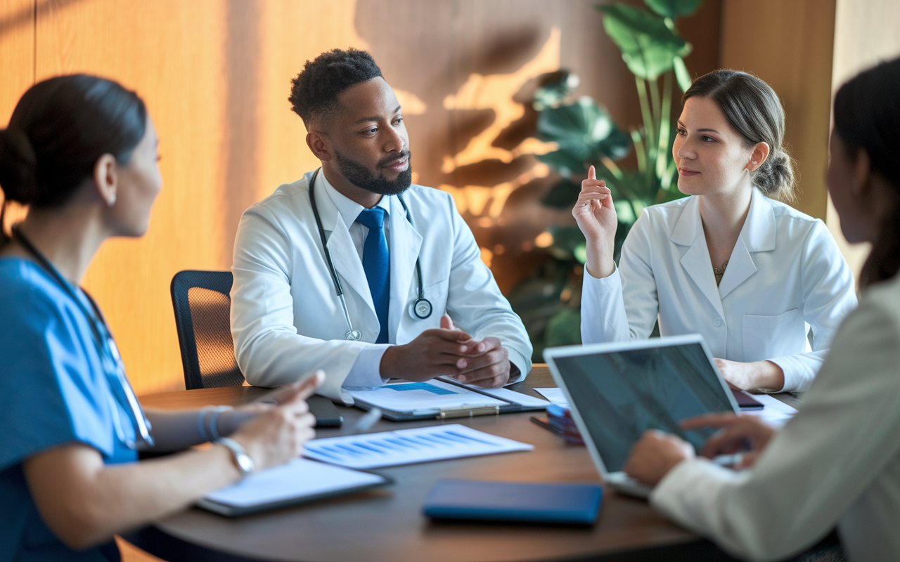 A medical resident sits in a multidisciplinary meeting, attentively listening to a nurse and a pharmacist discussing patient care strategies. The environment is warm, with a large conference table, charts, and laptops present, creating a scene of collaboration and mutual respect. The resident nods in understanding, demonstrating active listening and engagement, fostering an atmosphere of openness and teamwork.