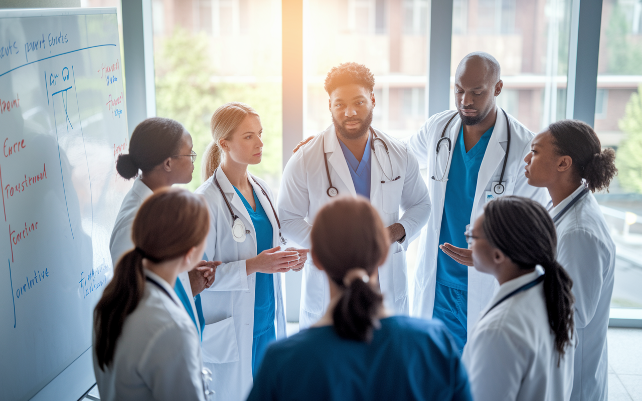 A resident-led morning huddle in a hospital, surrounded by a team of diverse healthcare professionals discussing patient cases with visible charts and care strategies on a whiteboard. The environment is collaborative and purposeful; team members appear engaged and focused, exemplifying effective communication and teamwork, with natural light illuminating the room, symbolizing hope and proactive patient care.