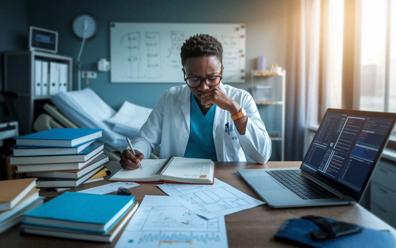 A focused medical resident sitting at a cluttered desk in a hospital room, surrounded by medical books, charts, and a laptop displaying complex patient data. The resident, wearing glasses and a lab coat, is deep in thought, furrowing their brow as they write notes and draw diagrams on a whiteboard. The room is filled with soft, natural light peeking through the window, creating an atmosphere of determination and hard work.