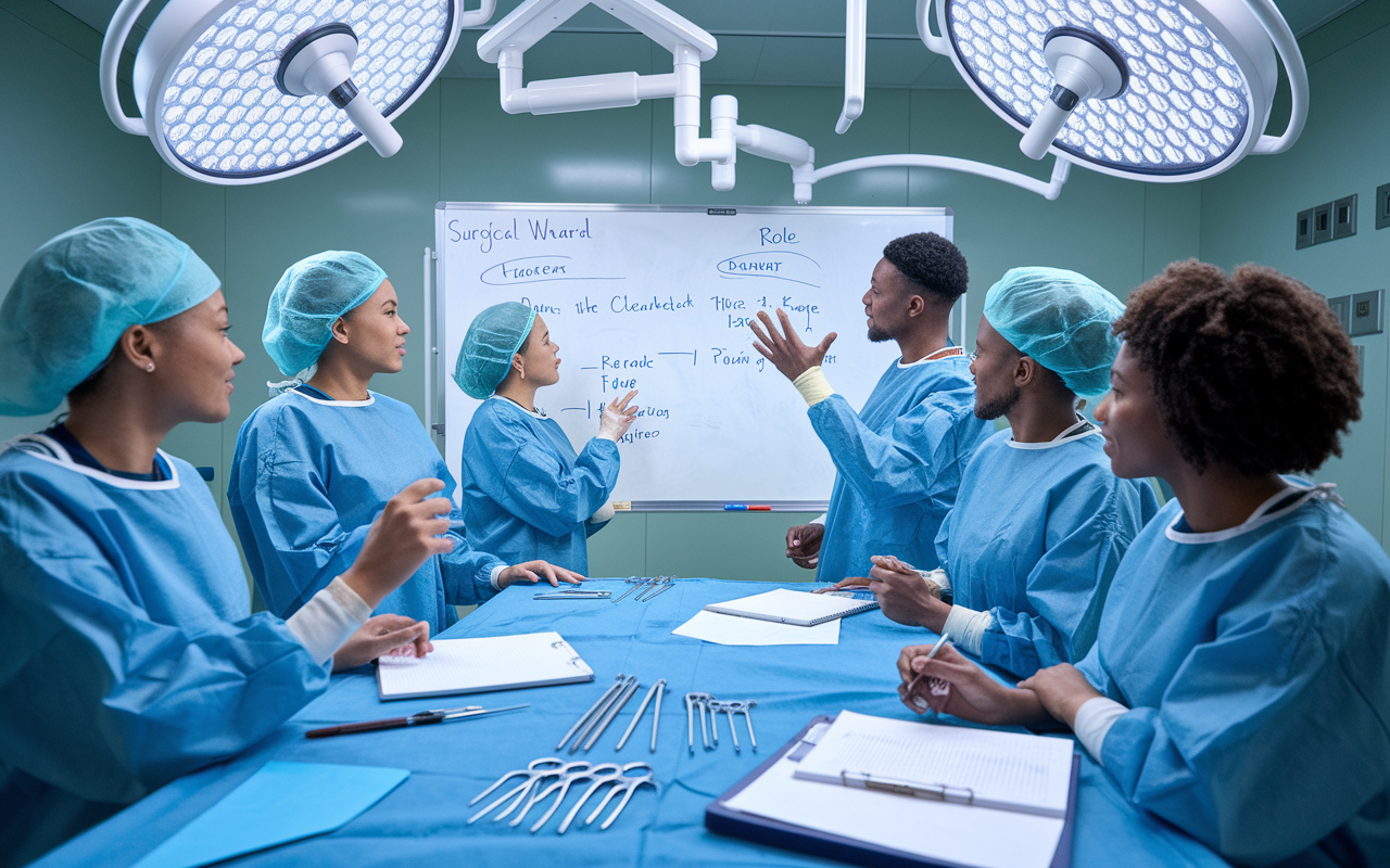 A group of diverse medical residents in a surgical ward engaged in a strategic meeting, with a large surgical whiteboard displaying patient cases and roles. Some residents are sharing ideas, while others are taking notes and gesturing towards the board, exemplifying teamwork and collaboration. The bright, clinical environment is filled with surgical instruments and notes, embodying a dynamic problem-solving atmosphere.