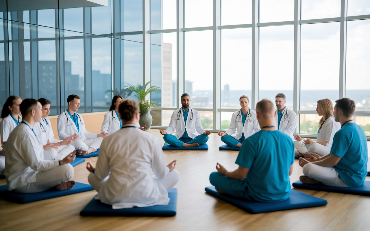 A health and wellness workshop in a bright conference room, where medical residents are actively participating in a mindfulness session. They are seated in a circle following a facilitator's guidance, with mats and calming decor around. The setting is tranquil, promoting a sense of relaxation and bond among residents, symbolizing the initiative to create positive support networks.