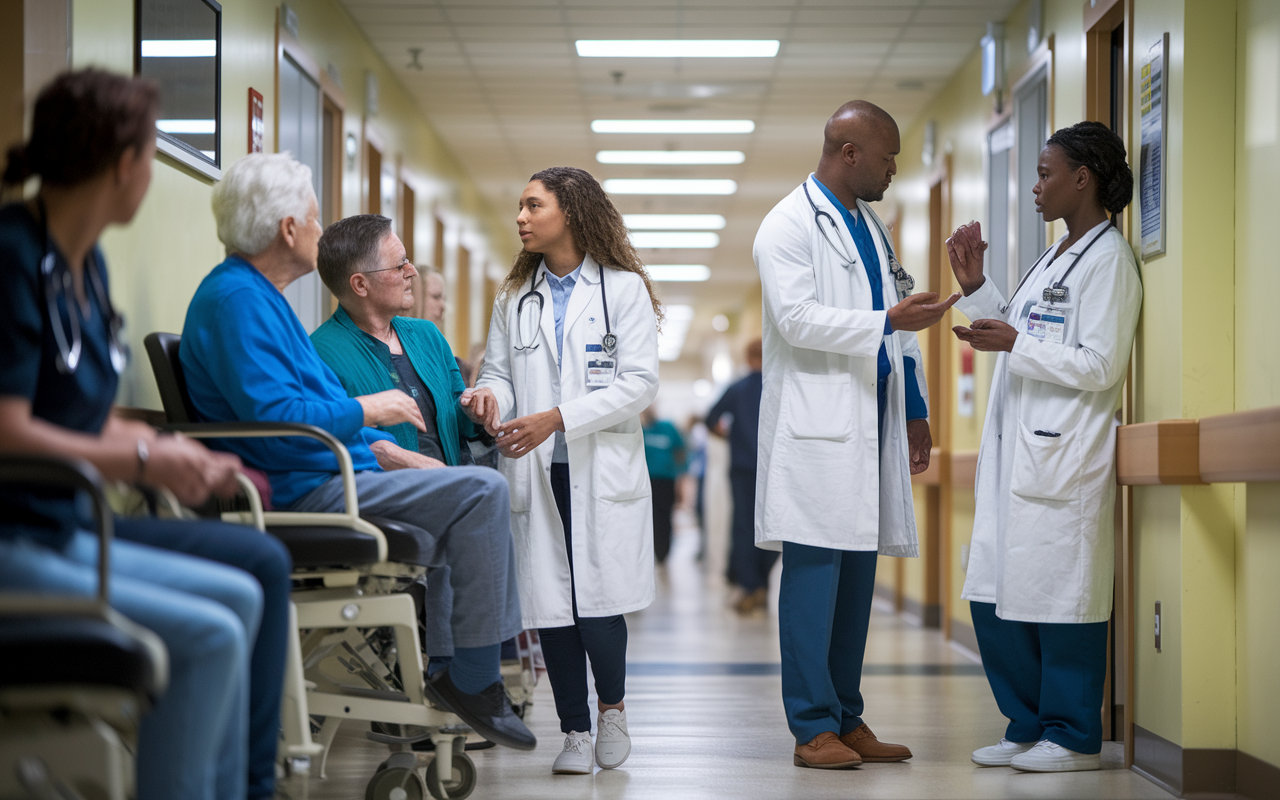 An intense yet hopeful scene in a busy hospital corridor where several medical residents interact with patients. One resident is attentively listening to an elderly patient, while another is discussing care plans with a nurse. The corridor is bustling with activity, brightly lit, illustrating the vibrant and demanding environment of medical residency, reflecting both challenges and compassion.