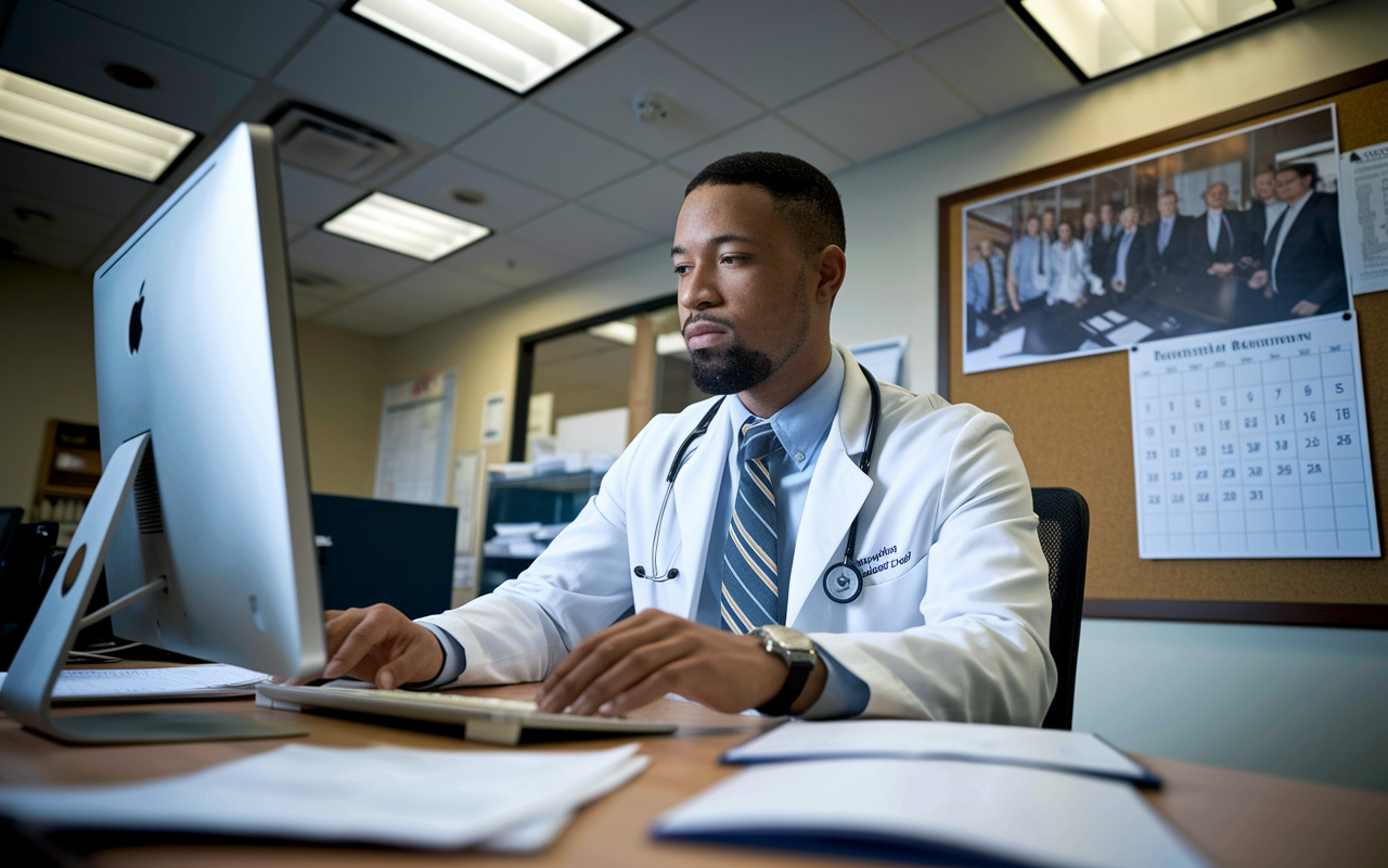 A focused Chief Resident seated at a desk in a hospital office, engaged in organizing schedules on a computer screen, with paperwork scattered around. The office ambiance is illuminated by bright overhead lights, indicating a busy workday. A photo of the residency program pinned on a bulletin board can be seen in the background, along with a calendar marking important meetings, illustrating the administrative responsibilities that come with leadership.