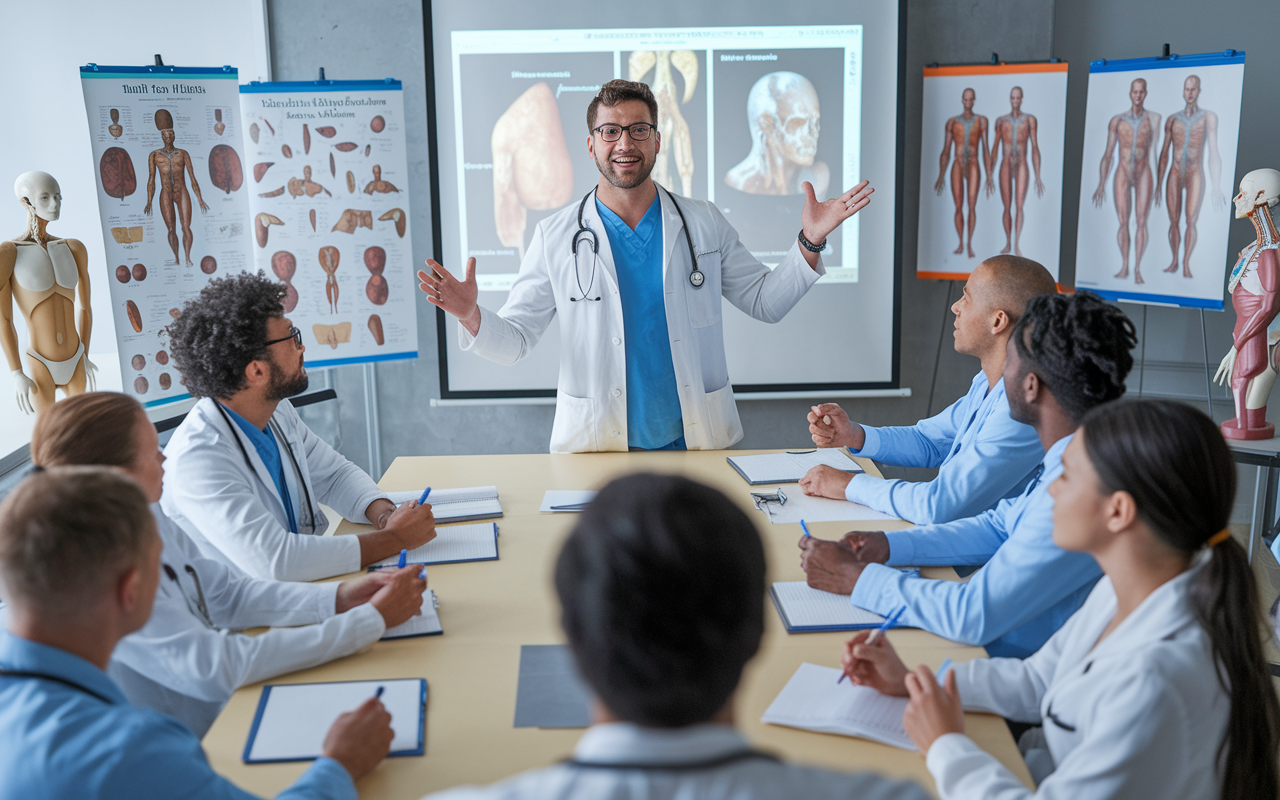 A vibrant educational conference setting with a Chief Resident passionately presenting in front of a group of eager junior residents. The room is filled with medical charts, anatomical models, and a projector displaying complex medical images. The atmosphere conveys excitement and engagement, with junior residents actively taking notes and asking questions, showcasing the Chief Resident's role in education and mentorship.