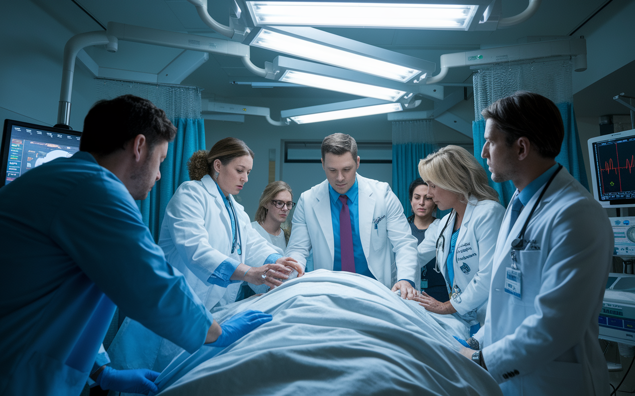 A tense moment in the hospital with a Chief Resident taking charge during a medical emergency in a patient room. The scene shows the Chief Resident coordinating efforts with a team of doctors and nurses, displaying urgency and focus. Bright fluorescent lights overhead illuminate the scene as medical equipment is in use. The atmosphere reflects the excitement and seriousness of clinical leadership and crisis management in real-time.