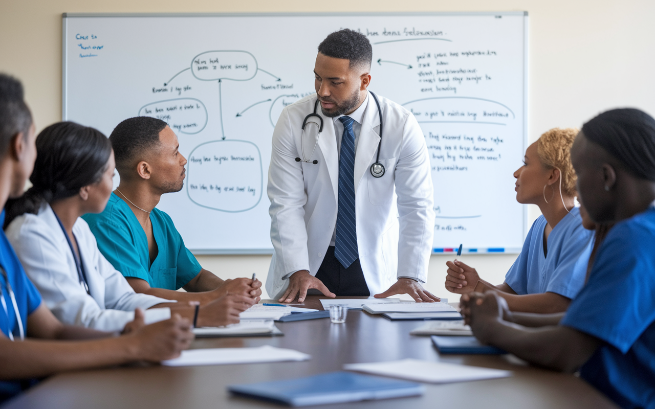 A Chief Resident attentively engaging in a team meeting, demonstrating strong leadership and communication skills. The scene depicts a diverse team of healthcare professionals gathered around a conference table, with the Chief Resident facilitating discussion and addressing concerns. A whiteboard filled with strategies and notes stands in the background, highlighting collaborative problem-solving and planning.