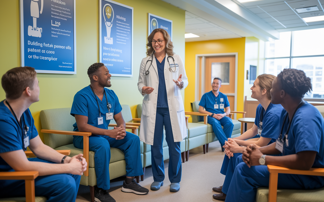 A Chief Resident, Dr. Jane Doe, mentoring a group of interns in a bright hospital break room, illustrating the importance of building future leaders in medicine. The interns are engaged and ask questions while Dr. Doe emphasizes key points, with educational posters featuring patient care principles on the walls. The warm, encouraging atmosphere fosters a sense of teamwork and support.