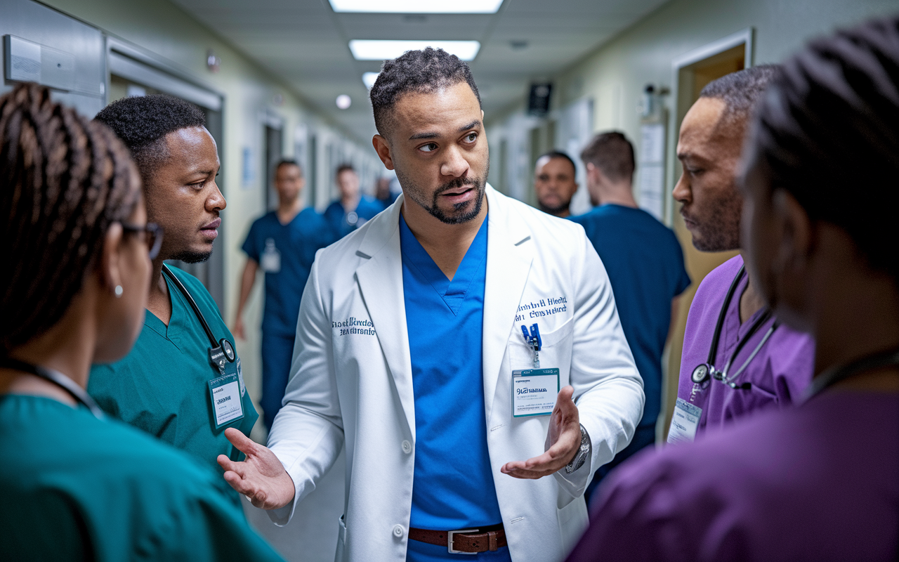 A concerned Chief Resident in a hospital setting, attentively addressing a conflict among residents during a busy shift. The scene captures the emotional intensity of the moment, with residents in discussion reflecting both stress and professionalism. A busy hospital corridor in the background adds to the urgency of the situation, emphasizing the challenges of leadership in a clinical environment.