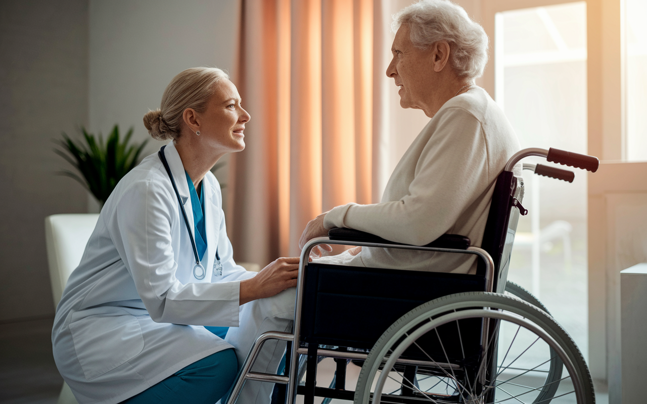 In a modern hospital room, a compassionate medical leader, dressed in a white coat, is kneeling beside a wheelchair-bound patient. The leader listens attentively, maintaining eye contact, while the patient expresses concerns. Soft, warm light filters through a nearby window, creating an intimate atmosphere that exudes care and empathy.