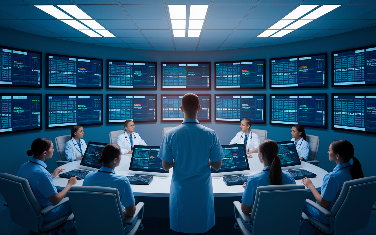 Inside a high-pressure hospital command center, a medical leader stands before a wall of screens displaying patient data and status reports during a crisis. They hold a tablet, conveying critical information to a team of healthcare professionals who gather around, attentively listening. The room is illuminated by a mix of bright screen lights and overhead fluorescents, symbolizing urgency and clarity in communication.