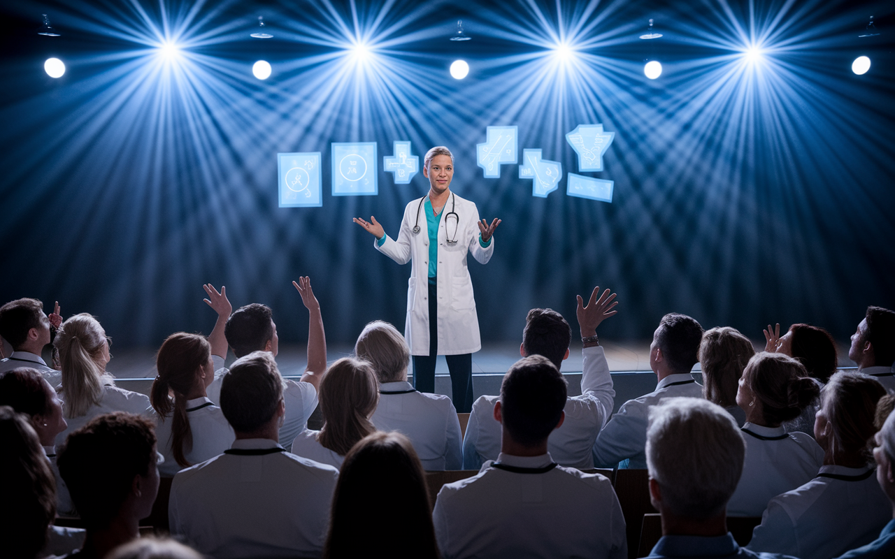 On a stage at a medical conference, a confident medical leader delivers a presentation to an audience of healthcare professionals. Bright lights focus on them as they use engaging visuals to emphasize their points. The atmosphere is inspiring, filled with attentive faces, and gestures of enthusiasm among the audience signaling a readiness for change.