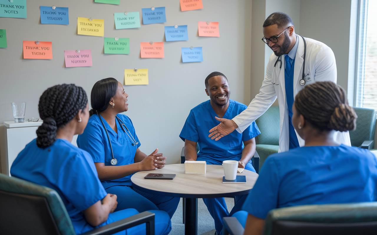 In a well-lit break room, a medical leader is actively giving constructive feedback to a group of nurses around a small table. Positive energy radiates as the leader exudes confidence and support. Visuals like thank-you notes and team awards decoratively line the walls, enhancing the atmosphere of trust and mutual respect.