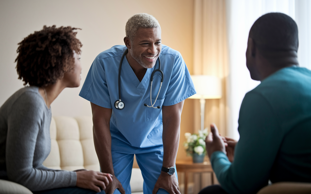 A medical leader in a consultation room is demonstrating emotional intelligence while communicating with a distressed patient and family members. The leader leans slightly forward with a compassionate smile, actively listening and responding with empathy. The room is softly lit, creating a warm, supportive environment that fosters connection.