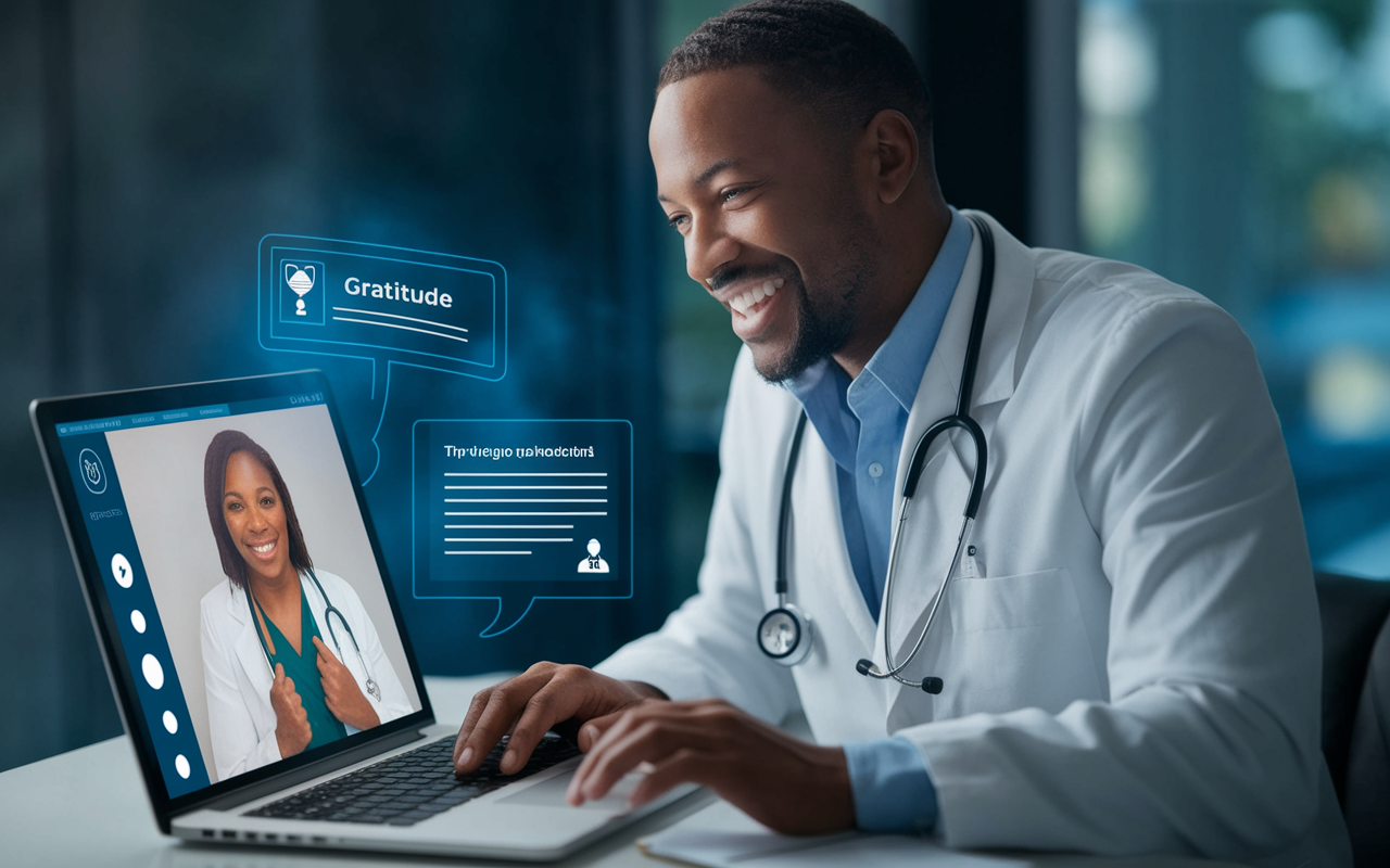 A medical leader conducting a virtual consultation via telemedicine platform on a sleek laptop, with a professional background. The screen shows a patient expressing gratitude. The leader maintains a warm smile, engaging in clear communication. Soft blue light from the screen reflects on the leader's focused face, showcasing the integration of technology in modern healthcare.