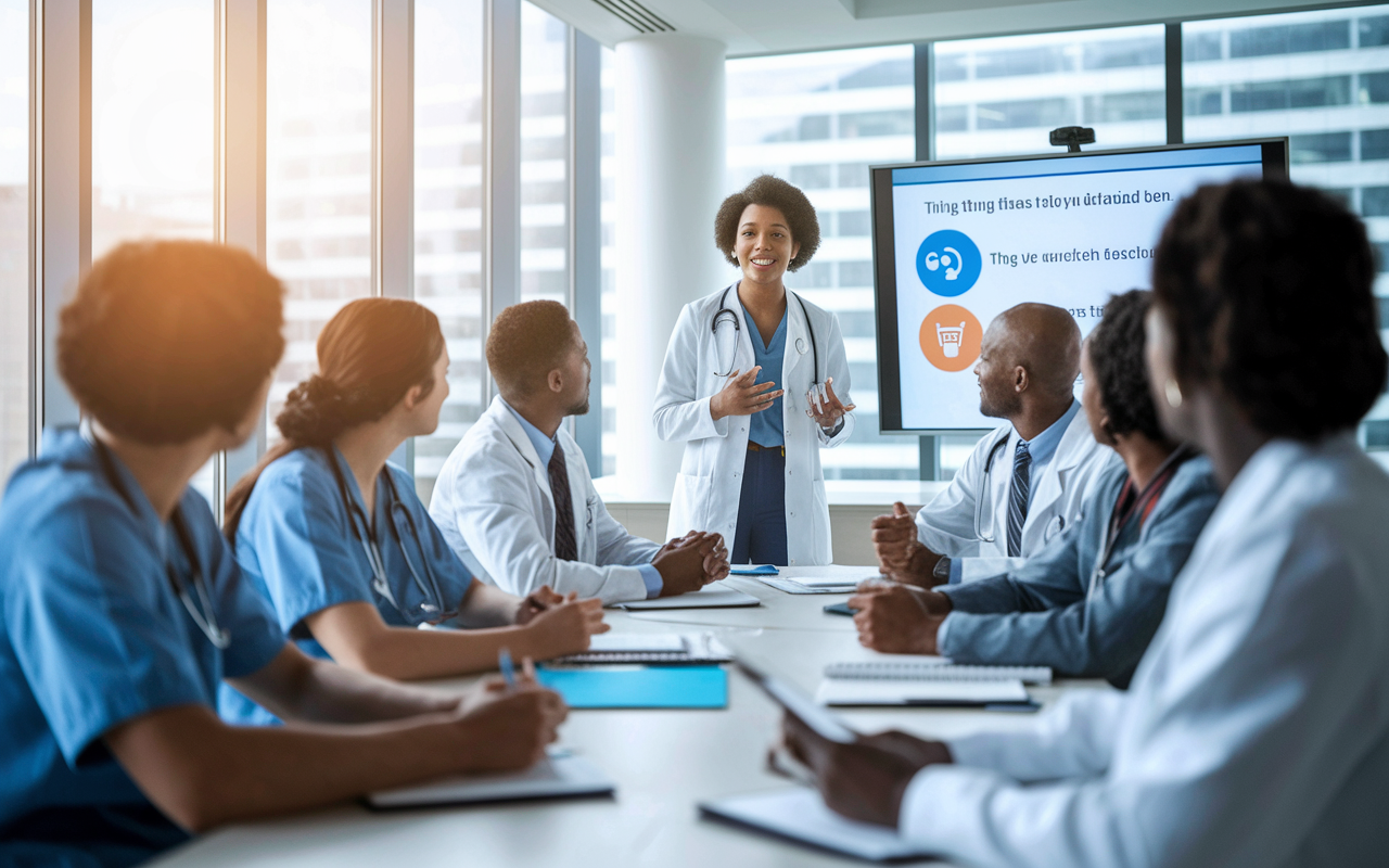 An engaging seminar scene in a bright conference room, featuring a diverse group of young residents and attending physicians exchanging ideas. The female resident confidently speaks to a small circle, with a PowerPoint presentation behind her highlighting key medical topics. Soft, natural light filters through large windows, creating an atmosphere of curiosity and collaboration. Attendees showcase keen interest, with notepads and electronic devices in hand.