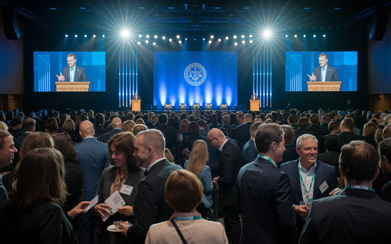 A bustling medical conference scene, showcasing a large auditorium filled with attendees. A speaker at the podium passionately presents to an audience, while several attendees mingle in the foreground, sharing ideas and exchanging business cards. Bright spotlights illuminate the stage, with a backdrop displaying the logo of an esteemed medical association. The atmosphere exudes professionalism, camaraderie, and excitement about advancements in healthcare.