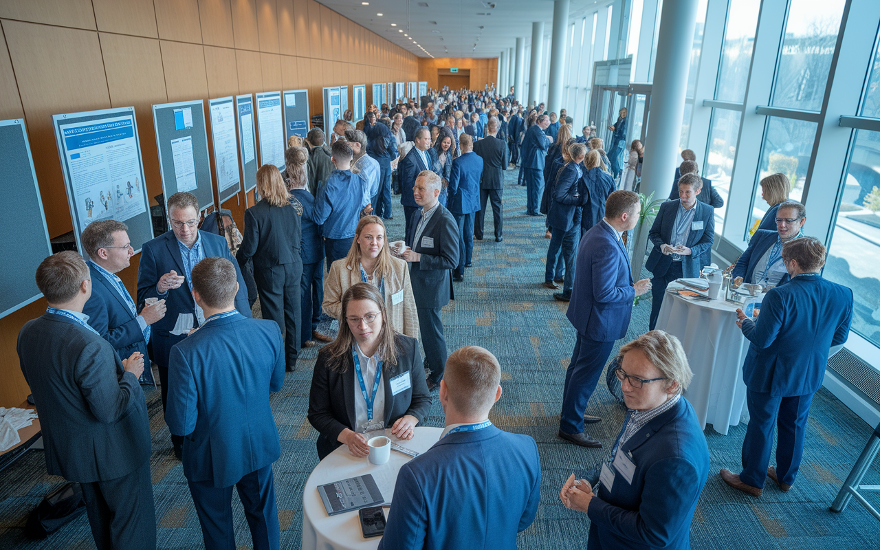 An interactive conference setting where medical professionals are engaged in networking during a coffee break. Attendees gather around booths and poster presentations while sharing conversations and ideas. A backdrop showcases poster boards with medical research, and natural light streams in from a nearby window, creating an engaged and productive environment filled with energy and passion for healthcare.