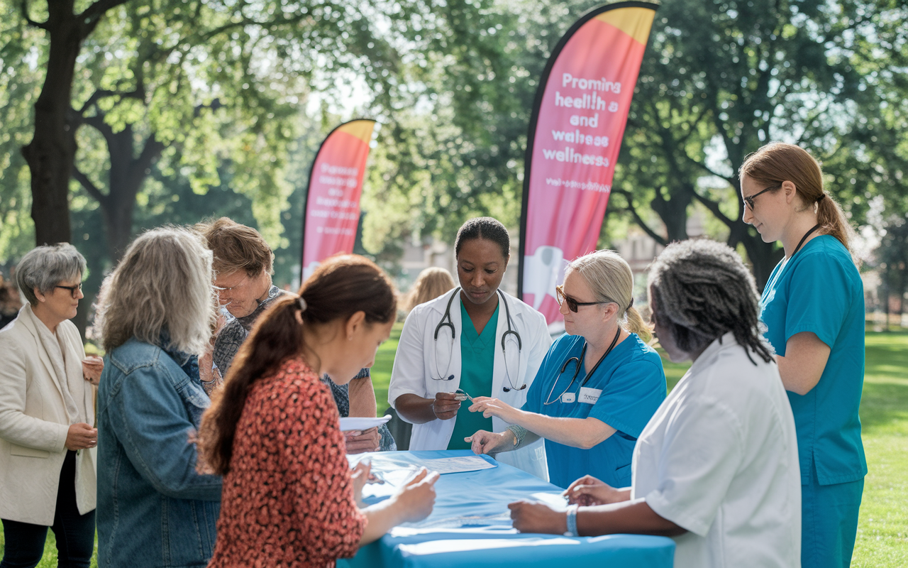 A group of healthcare professionals engaged in a community health initiative, providing free health screenings in a local park. Attendees of various ages and backgrounds interact with the professionals, showing appreciation for the services. Brightly colored banners promoting health and wellness flutter in the gentle breeze, while a sense of community and compassion permeates the atmosphere.