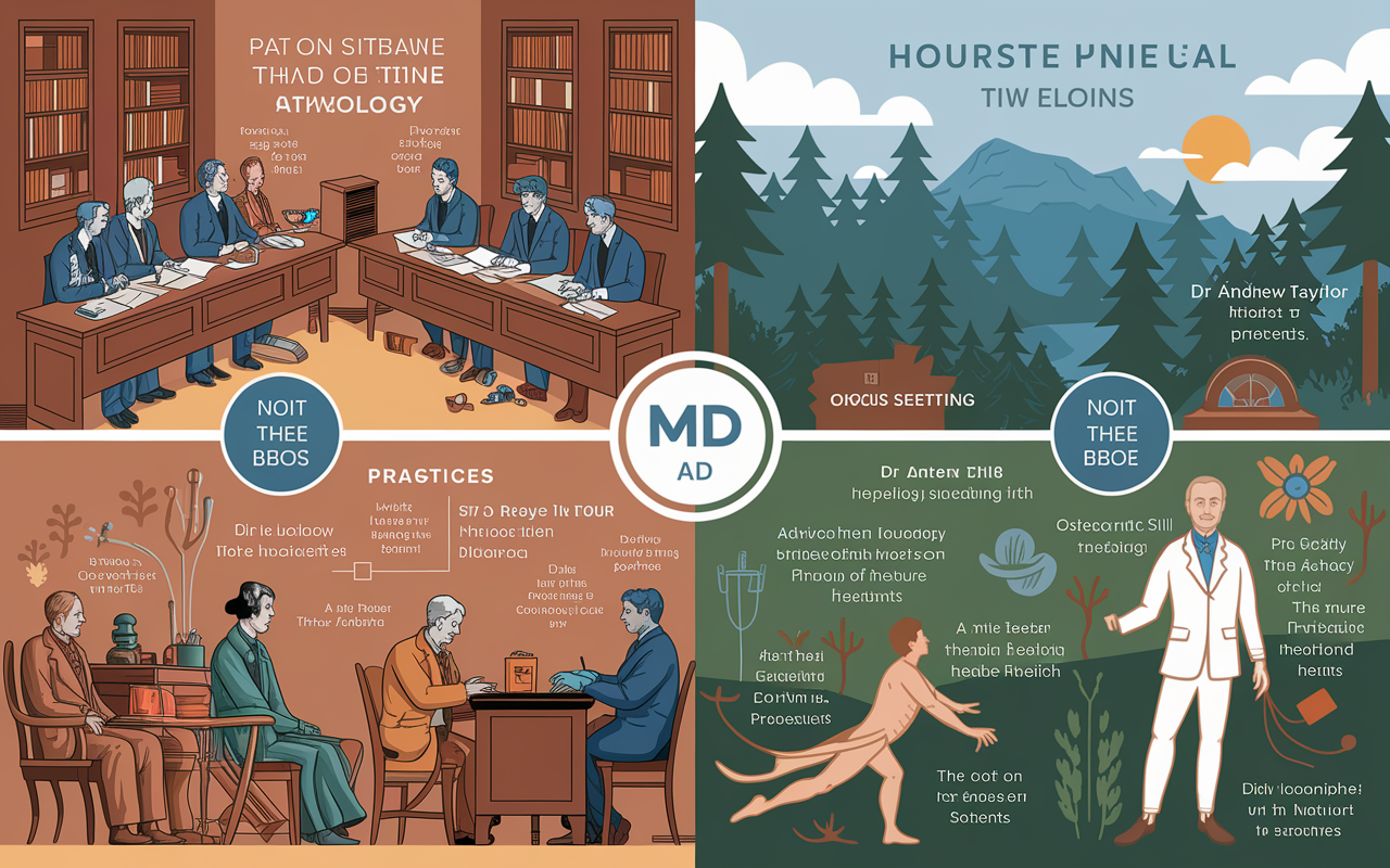 A historical timeline illustration showcasing the evolution of MD and DO practices. On one side, 19th-century European medical schools with scholars studying in an academic setting, focusing on disease pathology. On the opposite side, Dr. Andrew Taylor Still in the late 1800s, advocating for osteopathic principles surrounded by nature and symbols of holistic health, such as the human body integrated with nature’s elements. The timeline connects the two philosophies showing their contrasting origins, with warm earthy colors for DO and cooler clinical colors for MD.