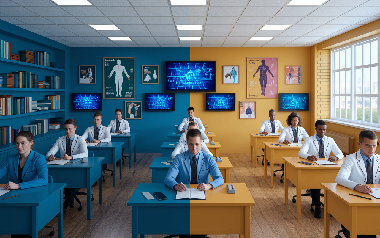 A detailed classroom scene contrasting the training environments of MD and DO students. On one side, MD students in a sophisticated lecture hall filled with virtual technology visuals on screens; medical books and instruments displayed around them, organized and structured. On the other side, DO students in a collaborative setting, practicing OMT on each other in a warmly lit space, surrounded by colorful posters about holistic health and wellness. The scene should capture the different training methodologies and philosophies through color differences and student interactions.