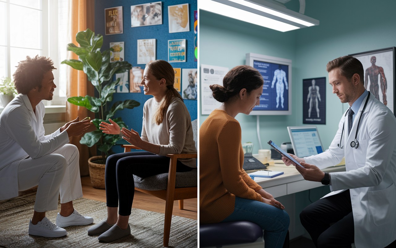 Two contrasting scenes depicting patient interactions with a DO and an MD. On the left, a DO in a cozy, well-lit office, sitting down with a diverse patient, engaged in deep dialogue about lifestyle factors, with their hands gesturing empathetically. The setting is inviting, decorated with plants and holistic health literature. On the right, an MD in a modern examination room, consulting with a patient while checking a digital health record, with medical charts and equipment around. The atmosphere appears efficient but less personal, illuminated with bright overhead lighting.