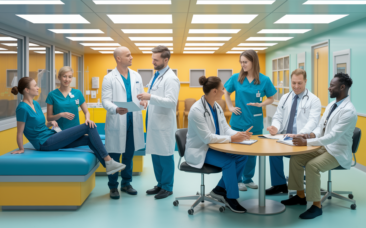 A vibrant scene depicting a collaborative healthcare environment where DOs and MDs work together. The setting features a modern hospital with both types of physicians consulting with patients; we see a DO demonstrating OMT on one side while an MD is discussing treatment plans with a different patient group at a round table in a consultation area. The atmosphere is filled with positivity, teamwork, and a sense of mutual respect for each other's approaches to healthcare.