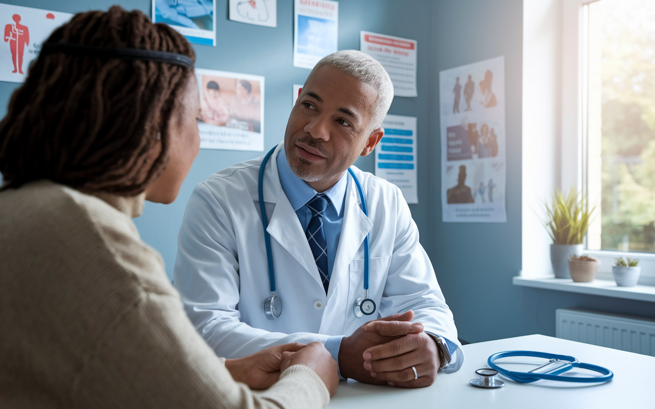 A close-up scene of a compassionate doctor interacting with a patient in a well-lit clinic room. The physician looks empathetic while listening attentively as the patient shares concerns, showcasing an emotional connection. Various medical posters about health and wellness adorn the walls, and a window lets in natural light, enhancing the warm and inviting atmosphere of care. A stethoscope rests on the desk beside them, highlighting the medical environment.