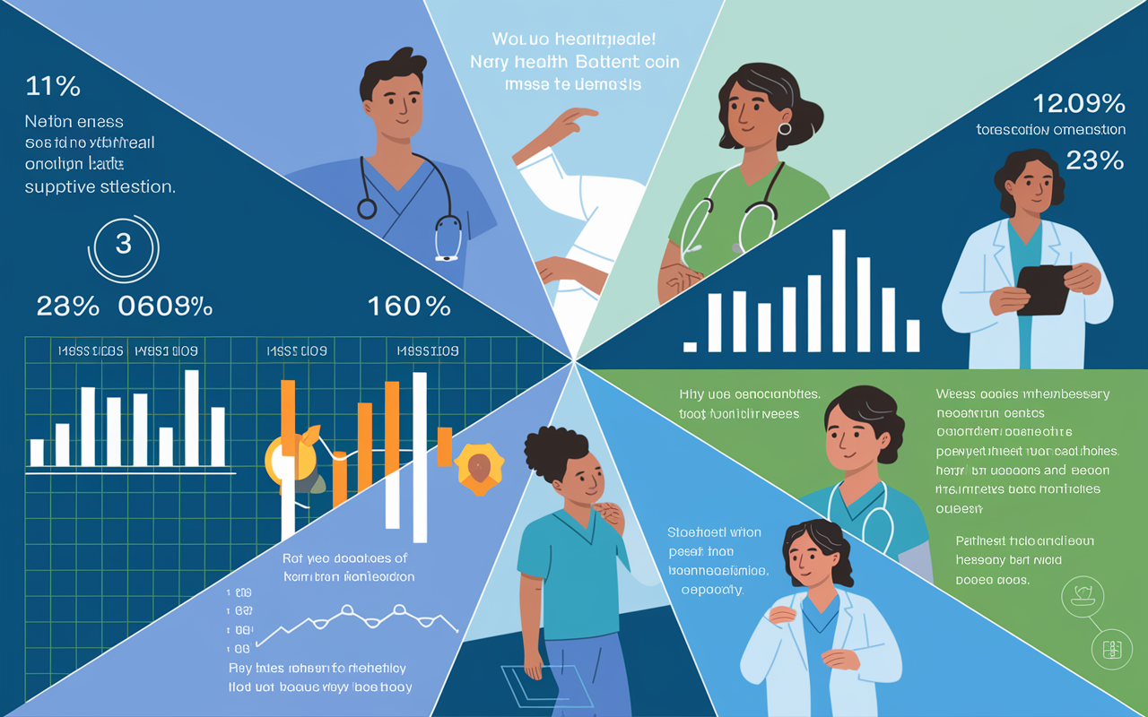 A dynamic infographic showcasing statistics related to healthcare professionals' burnout rates juxtaposed with positive images of a supportive healthcare team in action. The background includes visual elements like graphs indicating patient satisfaction metrics and images of healthcare providers engaged in compassionate care, all infused with a hopeful color palette of blues and greens symbolizing health and wellness.