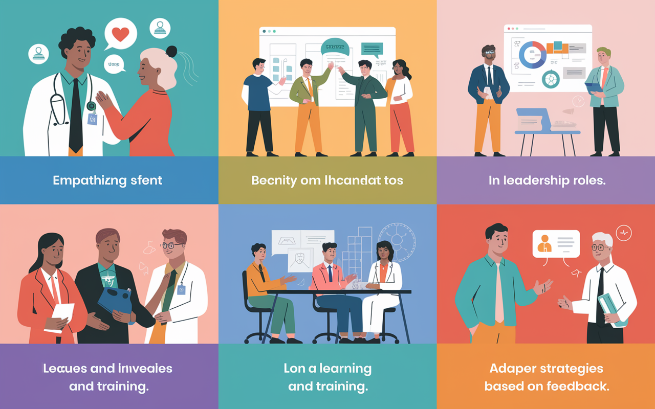 A collage showing five images representing key characteristics of humanistic leaders. One image features a leader empathizing with a patient, another shows a brainstorming session among team members, the third highlights diversity in leadership roles, the fourth depicts a workshop on learning and training, and the last focuses on a leader adapting strategies based on feedback. The overall tone is uplifting, using bright colors and cohesive design to illustrate the values of collaboration and respect.