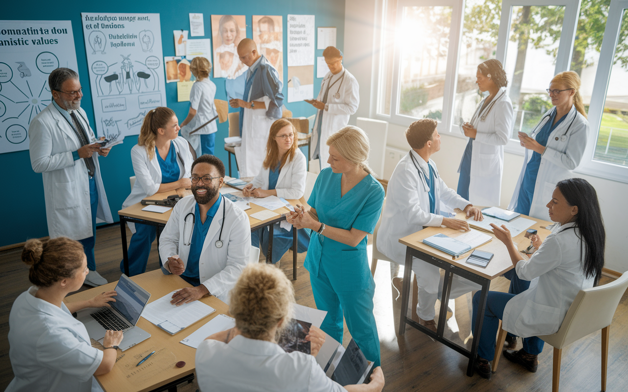 A vibrant scene from a medical workshop, where diverse healthcare professionals engage in interactive training about humanistic values. The room is filled with posters and materials on empathy and communication, while participants are involved in role-playing exercises. Natural light streams in through large windows, illuminating the space, symbolizing enlightenment and growth in their professional journey.