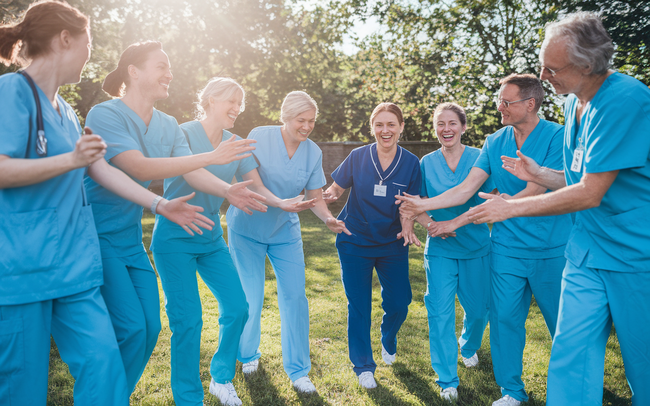 A picturesque outdoor team-building activity among healthcare workers, where individuals from different departments participate in a group exercise, highlighting camaraderie and collaboration. The scene shows them laughing and supporting each other, set against a sunny backdrop, conveying a sense of positivity and unity in the workplace.