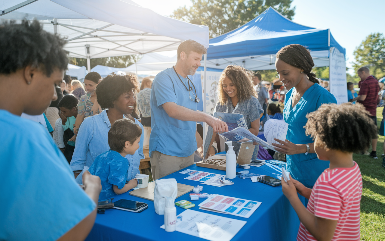 A community health fair with healthcare providers interacting with diverse families, offering health screenings and educational materials. Vibrant booths showcasing local health resources create an inviting atmosphere. The sun shines down on families as they engage with medical professionals, exemplifying support and collaboration between healthcare providers and the community.