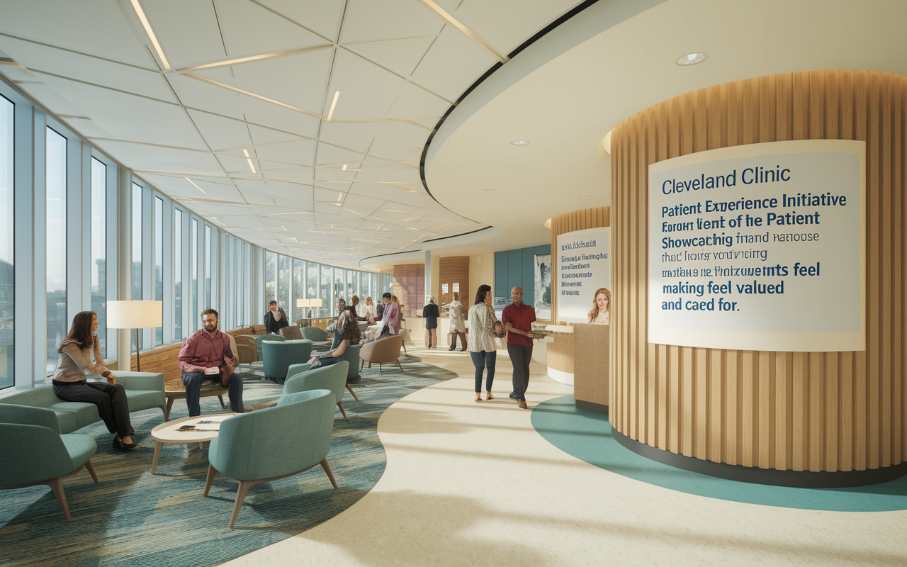 An inviting and modern waiting area of the Cleveland Clinic, bustling with patients and families in a calm environment. Friendly staff members are seen engaging with visitors, offering assistance. Soft lighting and contemporary decor create a warm and welcoming atmosphere. Clear signage about the Patient Experience initiative showcases the clinic's commitment to humanistic leadership, making patients feel valued and cared for.