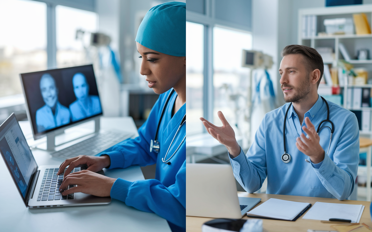 A split-screen image showing a medical professional typing on a laptop using Slack while discussing patient care with another team member via video call. The setting is a bright hospital office, adorned with medical supplies and equipment, emphasizing the blend of technology in modern healthcare communication.